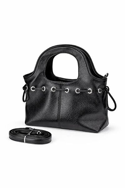Melos Butik Women's Black Leather Hand and Shoulder Bag with Drawstring Detail