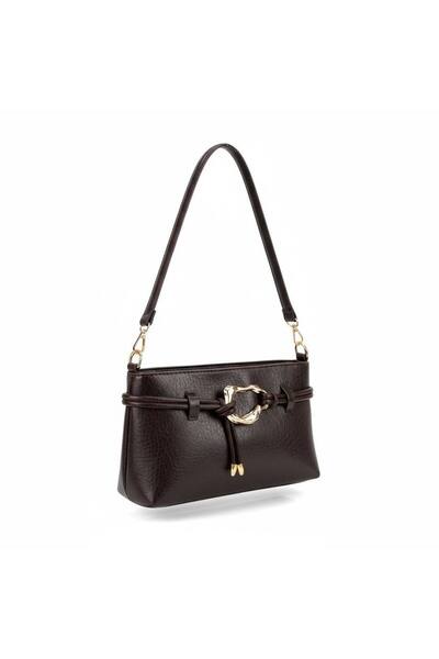 Melos Butik Γυναικεία δερμάτινη τσάντα χεριού και ώμου σε καφέ χρώμα με χρυσή...