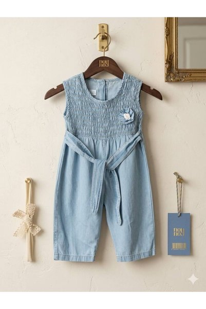 AYDEDE KİDS Baby Girl Blue Jumpsuit – Summer Baby Girl Jumpsuit with Floral Detail and Tie at the Waist