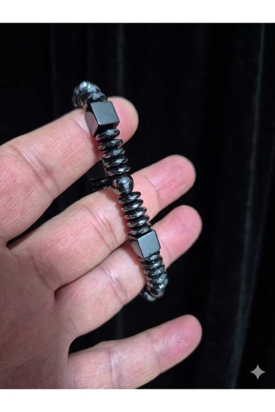 güleçdoğaltaş Güleç Natural Stone Hematite Natural Stone Bracelet - Cube, Round and Disc Cut Special Design - 18 cm