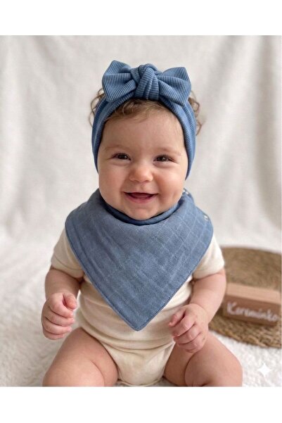 Kereminko Bebek Kız Bebek Denim Mavi Ribana Saç Bandı ve Müslin Fular Seti