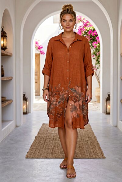 Chiccy Ιταλικό φόρεμα σε χρώμα κανέλας με γιακά πουκάμισου, με κουμπιά, μανίκ...