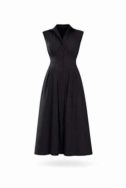 5in1Canpolat Μαύρο φόρεμα μίντι από ποπλίνα Alessia