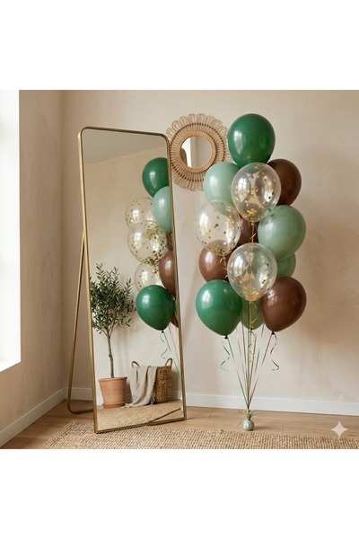 baloss fer Yeşil Okaliptus Kahve Gold Konfeti Balon Seti 20’li Şeffaf Balon P...