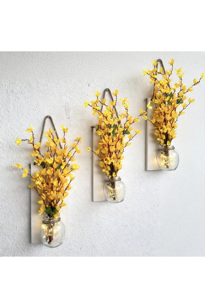 STDEKOR Led Işıklı, Sarı Sakura Çiçekli Duvar Dekoru ÜÇLÜ Set, Beyaz