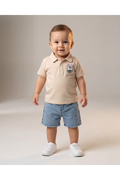 VOY KİDS Baby Boy Summer Set with Denim Shorts and Stylish Printed Polo Colla...