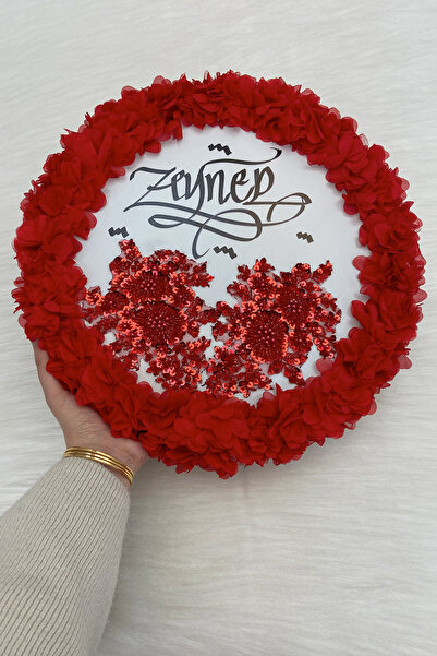 ZEYMERADE Kırmızı Kaligrafi Gelin Tefi 32cm, Vip Güpürlü Ve 3d Çiçek Düğün Kı...