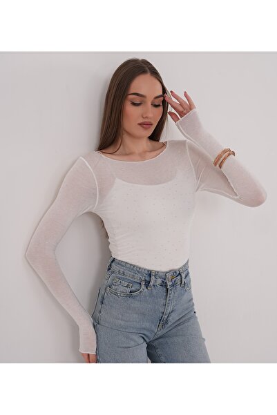 WOMAN VISION Women's Stone Embellished Long Sleeve Flexible Transparent Fabri...