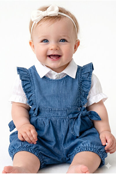 MYZİ STORE Βρεφικό τζιν μπλουζάκι με φιόγκο και βολάν στα μανίκια και λευκό π...