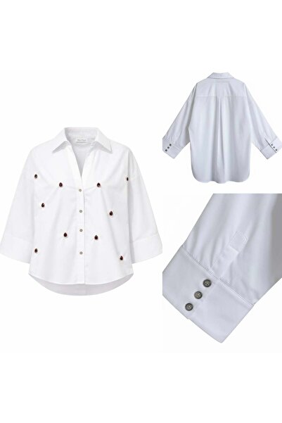 Miss Poem Γυναικείο πουκάμισο με λεπτομέρειες από λευκή πέτρα