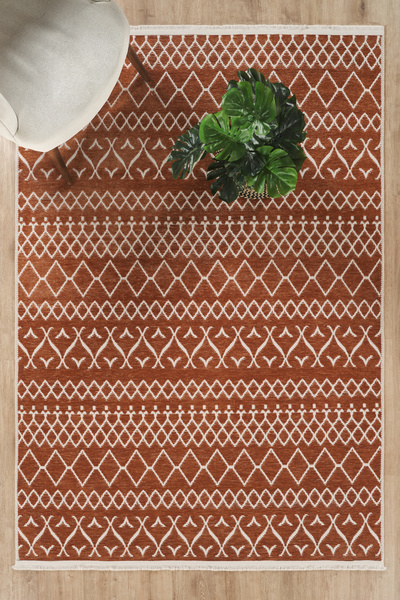 CEYLAN TEKSTİL Modern Şönil Kilim Kiremit Rengi İskandinav Desenli Kaymaz Tab...