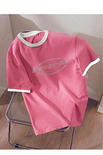Mayer Butik Unisex Erkek/Kadın Reverse Taş Baskılı Renkli T-Shirt Beyaz Yaka ...