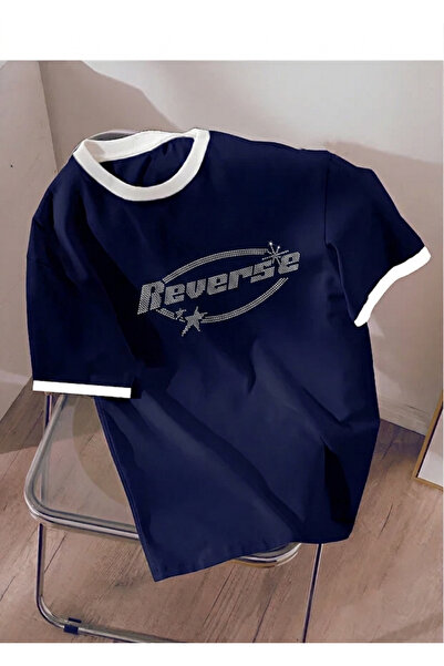 Mayer Butik Unisex Erkek/Kadın Reverse Taş Baskılı Renkli T-Shirt Beyaz Yaka ...