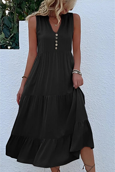 Generic Brand Women's Strappy V-Neck Buttoned Front Midi Viscose Dress