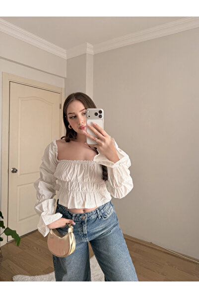 Souwe Balon Kol Omzu Açık Beyaz Crop Bluz