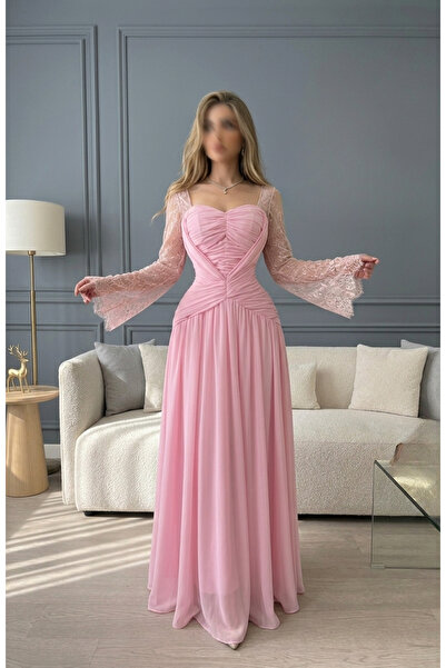 Gardenia Fashion فستان أنيق من الشيفون بأكمام من الدانتيل