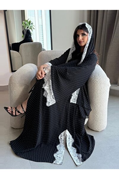 Noon Noora Lace Trim Polka Dot Print Front Opening Abaya with Matching Headscarf