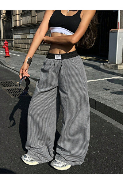 Take Two By Styli Grey Pinstripe Wide Leg Trousers