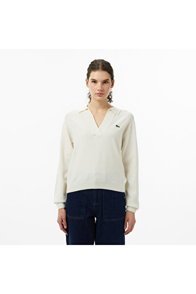 Lacoste Kadın Classic Fit Polo Yaka Krem Kazak