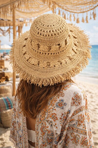 MARBERRY Γυναικείο ψάθινο καπέλο με φούντες στις άκρες σε σχήμα καμήλας