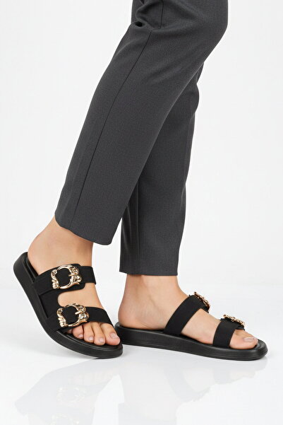 Aspor Black Double Striped Women's Flat Slippers