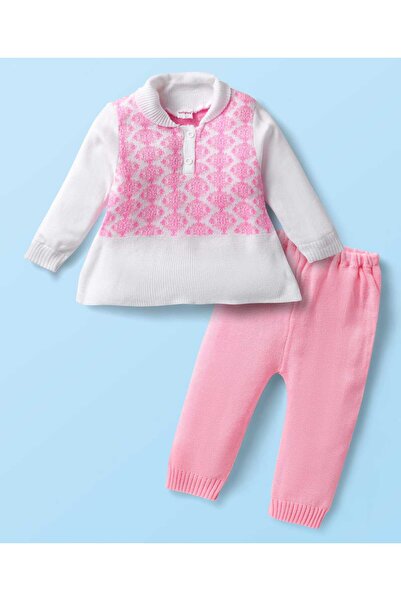 Babyhug Knitted Full Sleeves Collared Sweater Set with Design - Pink