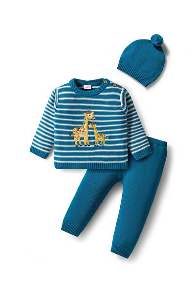 Babyhug Organic Cotton Striped Pullover Sweater & Pants Set with Cap & Giraff...