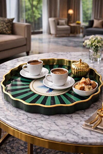PARİONETTE 2’li Yeşil Siyah Servis Tepsisi 34-40 cm Lüx Desenli Şık Dekoratif...