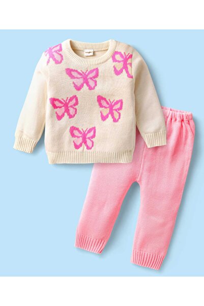 Babyhug Knitted Full Sleeves Sweater Set With Butterfly Design - White & Pink