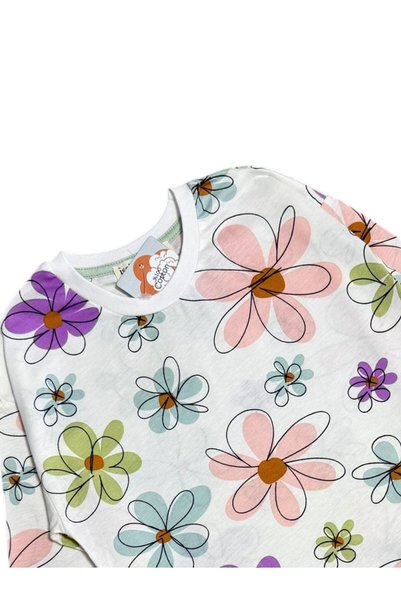İsobel Girls' 100% Cotton Fabric White Color Flowers Patterned Long Sleeve Interlock Winter Pajama Set