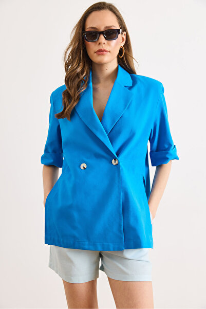 Olalook Γυναικείο μπλε σακάκι Saks με επένδυση, με σχισμές στα πλαϊνά, χωρίς ...