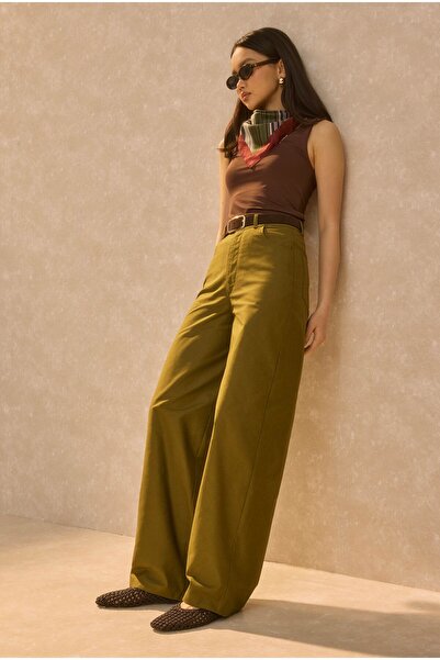 HEQA Pantaloni Gabardină tip Barrel Verde Ulei