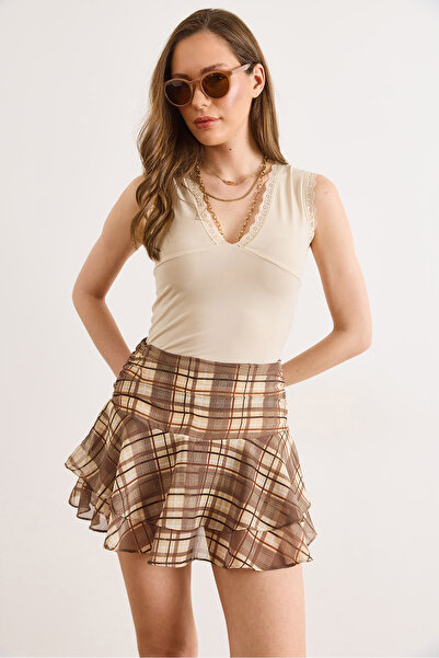 Olalook Women's Beige Zippered Plaid Tulle Skirt with Shorts Etk-19000422