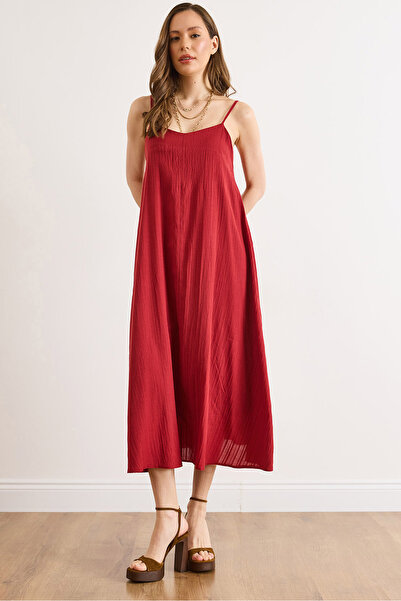 Olalook Γυναικείο μπορντό φόρεμα με ρυθμιζόμενο λουράκι, υφαντό, μίντι, σε σχ...