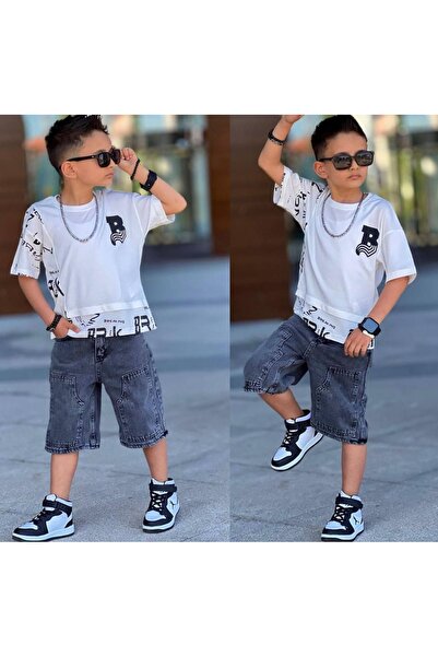 RAPAPA Set pantaloni scurți din denim imprimat pentru băieți, negru-2558S