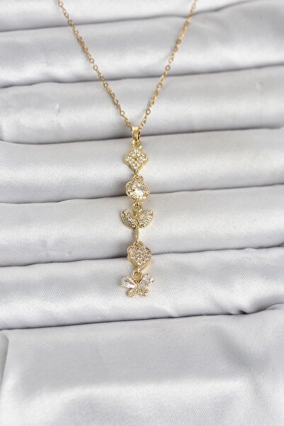 Nehir Şık 316L Çelik Gold Renk Şans Kolyesi Y Model Zirkon Taşlı Kadın Kolye ...