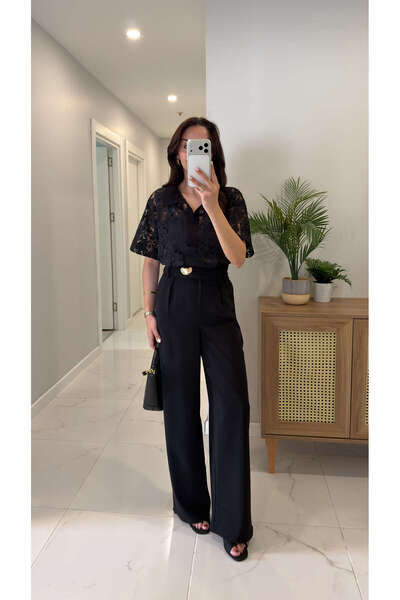 BİRCANÇİL Παντελόνι Palazzo με λεπτομέρεια από μαύρη χρυσή πόρπη Fewgas