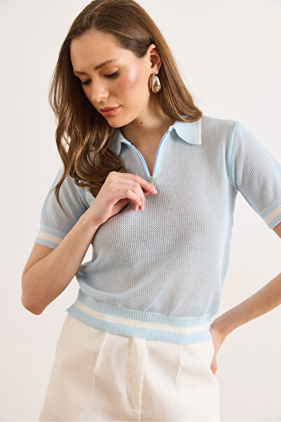 Olalook Γυναικεία Μπλούζα Πλεκτό με φερμουάρ και διάτρητο σχέδιο σε μπλε χρώμ...