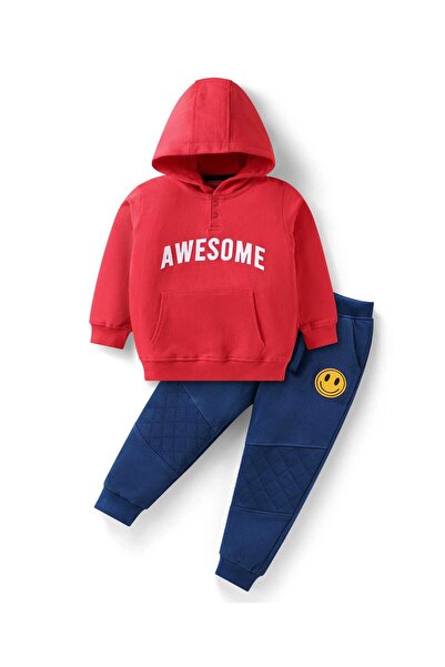 Babyhug Terry Knit Hooded Sweatshirt & Lounge Pants with Text Print - Red & Blue