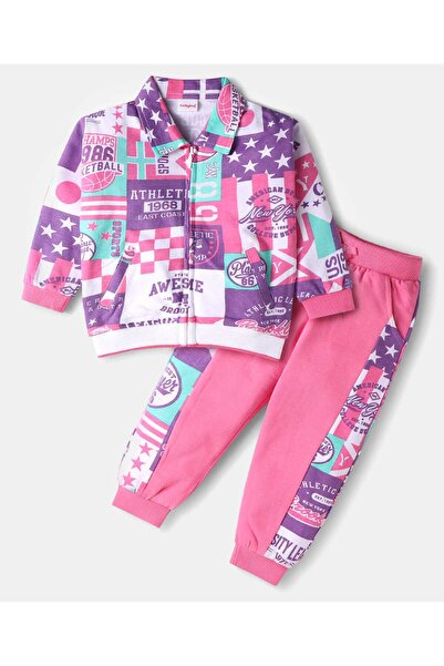Babyhug Terry Knit Printed Sweatjacket with Lounge Pants Set - Purple & Pink