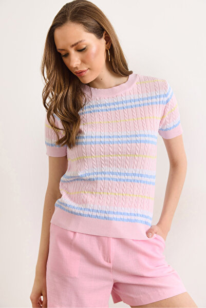 Olalook Γυναικεία ροζ πλεκτή μπλούζα με λαιμόκοψη και ρίγες BLZ-19003323