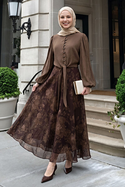 InStyle Σετ με δετή μπλούζα και καφέ φούστα