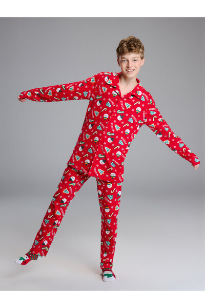 LC Waikiki Collared Neck New Year Themed Boys' Pyjama Set