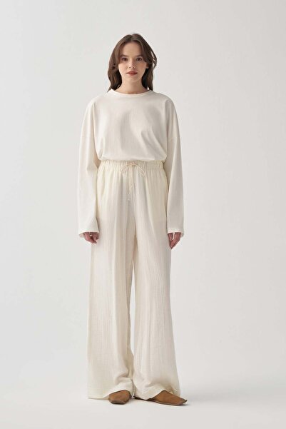 ALLDAY Εκρού Παντελόνι Μουσελίνα με Ελαστική Μέση