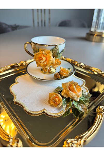 FİNESERVECO Exclusive Couture El Yapımı Polimer Kil Gül Detaylı Fincan Seti &...