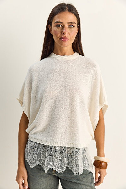 Bianco Lucci Kadın Ekru Dantel Detaylı Yarım Balıkçı Yaka Yarasa Kol Oversize Triko Bluz Tk261025 60286174