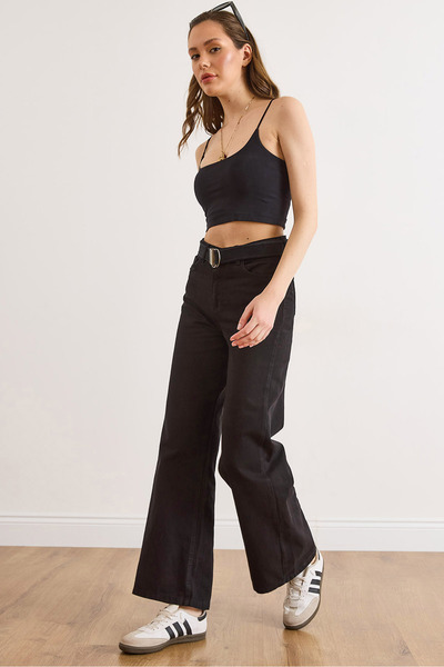 Olalook Γυναικείο παντελόνι γκαμπαρντίνας με φαρδιά μπατζάκια, μαύρο, με ζώνη...