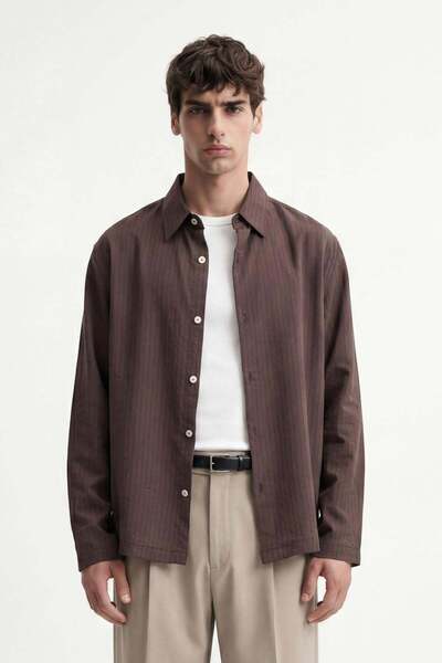 Antioch Kahve Relaxed Fit Çizgili Erkek Gömlek