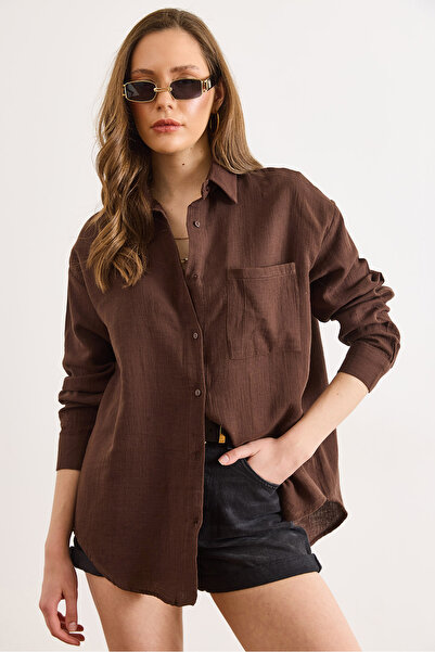 Olalook Γυναικείο πουκάμισο από μουσελίνα σε καφέ απόχρωση Oversize Basic GML...