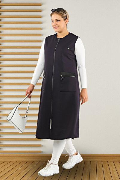 Ferace Γυναικείο Μαύρο Δερμάτινο Μακρύ Γιλέκο Τεσεττούρ με Τσέπες σε Μεγάλο Μ...